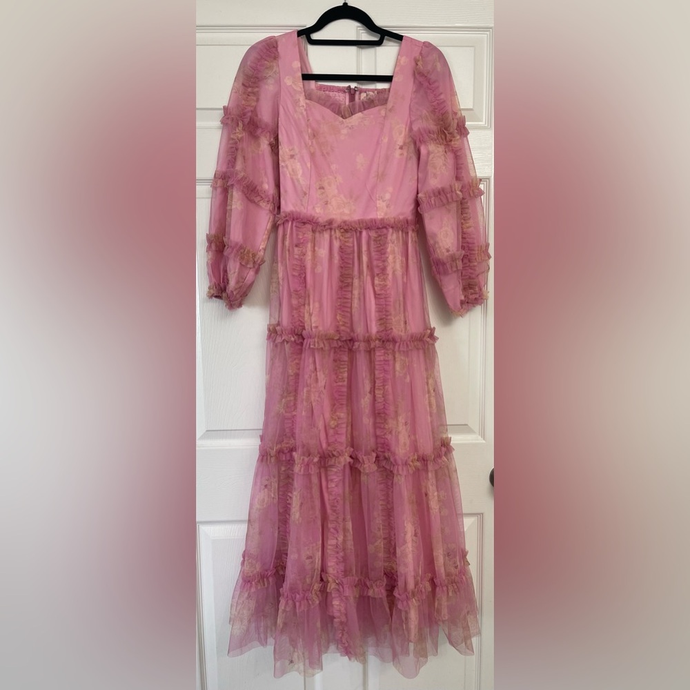 Ivy City Co Pink Tiered Maxi Dress with Bishop Sleeves and Square Neckline
